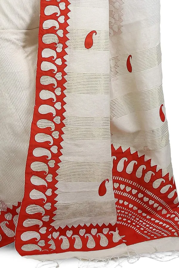 Red_&_White_Cotton_Applique_Saree_With_Kalka_Design_For_Women