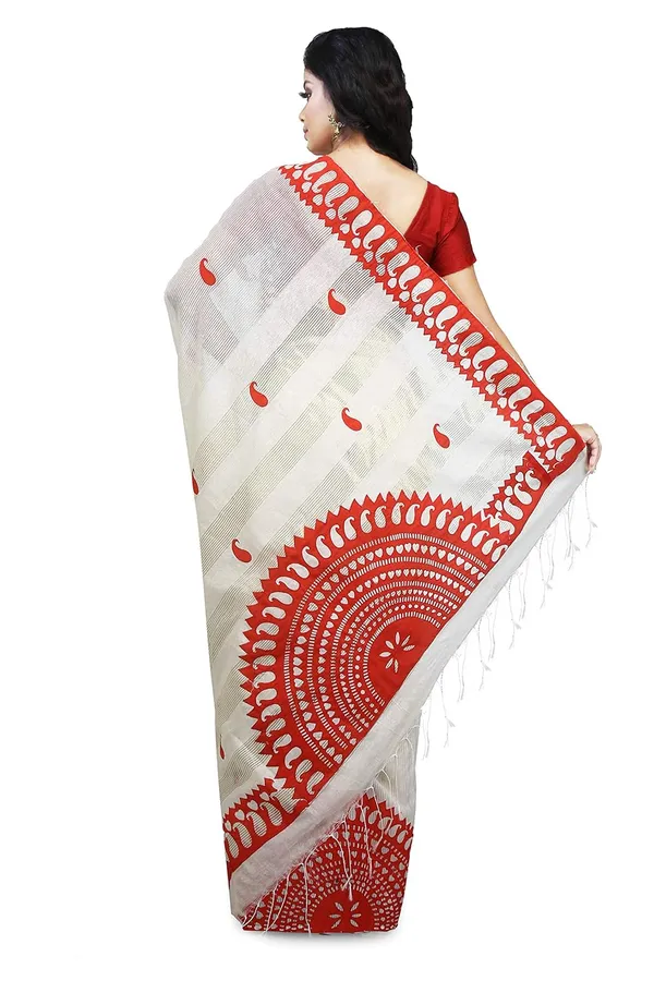 Red_&_White_Cotton_Applique_Saree_With_Kalka_Design_For_Women