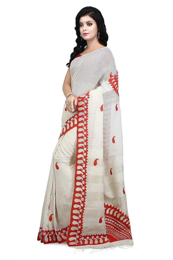 Red_&_White_Cotton_Applique_Saree_With_Kalka_Design_For_Women