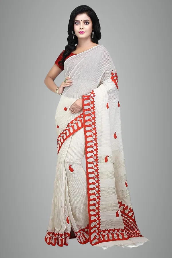 Red_&_White_Cotton_Applique_Saree_With_Kalka_Design_For_Women