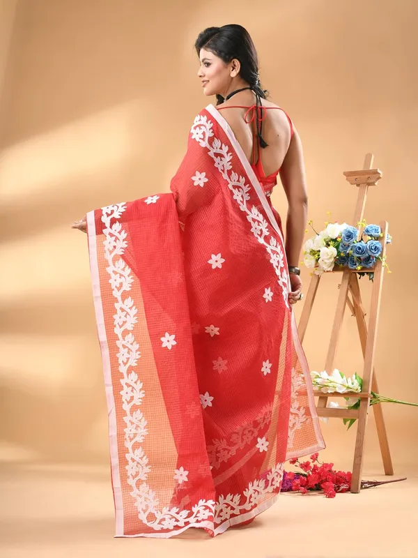 Red_&_White_Pure_Cotton_Applique_Saree_Without_Blouse_Piece_Item_Length_55_Meter_Width_12_Meter_For_Women