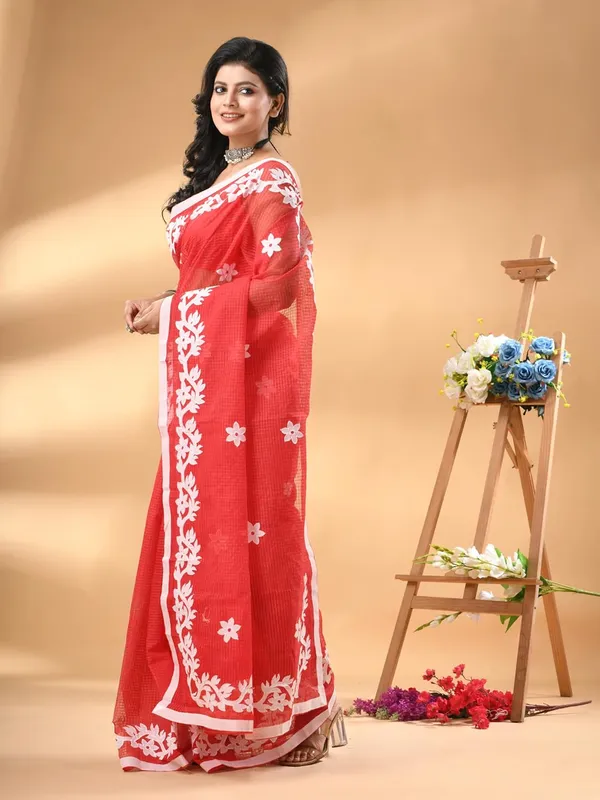Red_&_White_Pure_Cotton_Applique_Saree_Without_Blouse_Piece_Item_Length_55_Meter_Width_12_Meter_For_Women