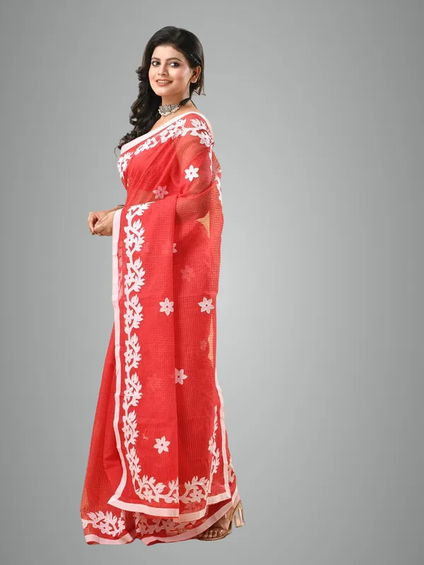 Red_&_White_Pure_Cotton_Applique_Saree_Without_Blouse_Piece_Item_Length_55_Meter_Width_12_Meter_For_Women