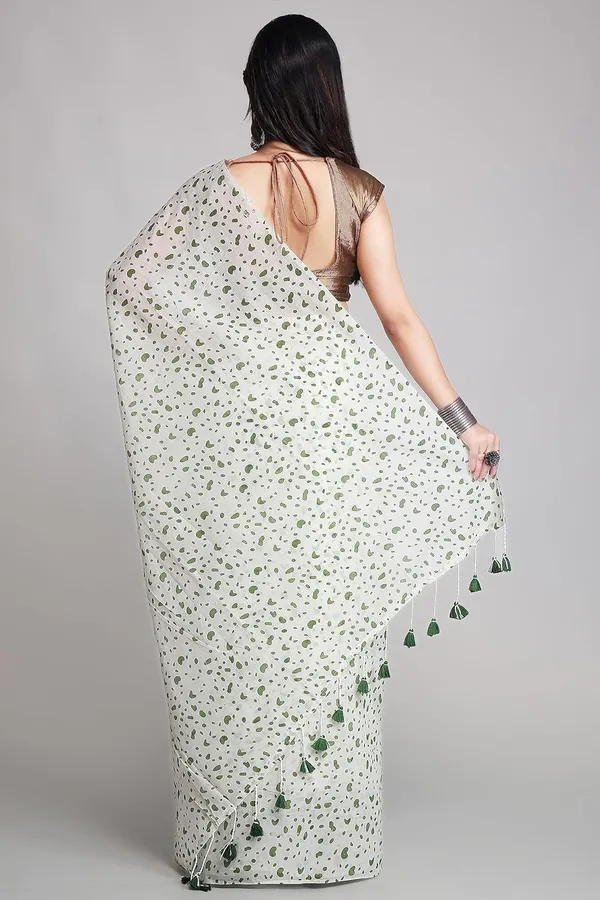 White_&_Green_Pure_Cotton_Sarees_Daily_Use_With_Blouse_Piece_For_Women
