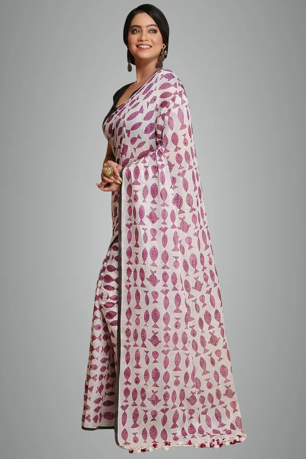 White_&_Purple_Pure_Cotton_Printed_Saree_With_Blouse_Piece_For_Women