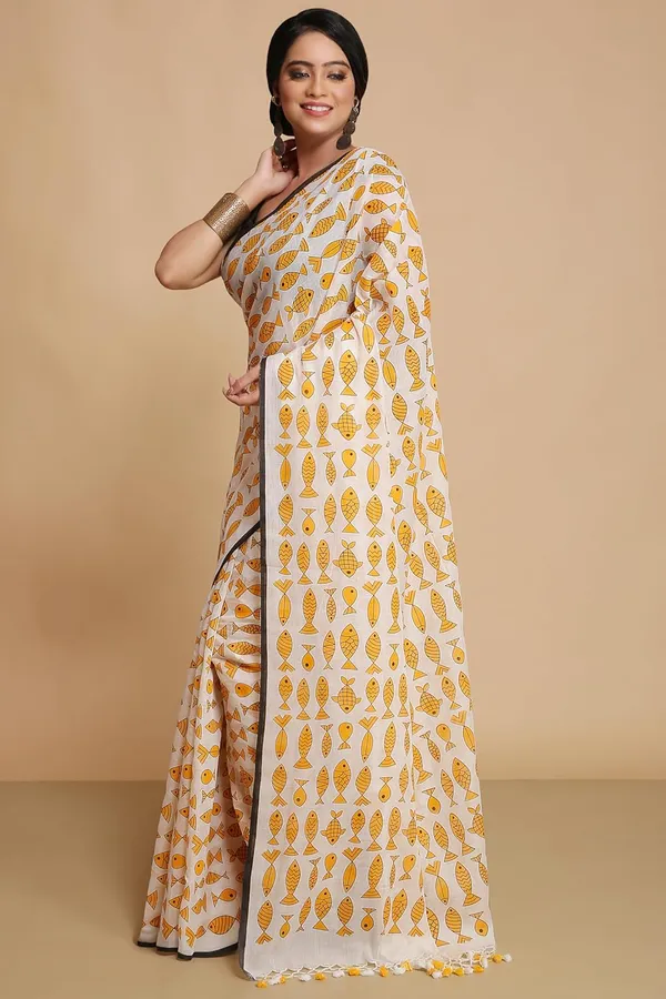 White_&_Yellow_Pure_Cotton_Printed_Saree_With_Blouse_Piece_For_Women