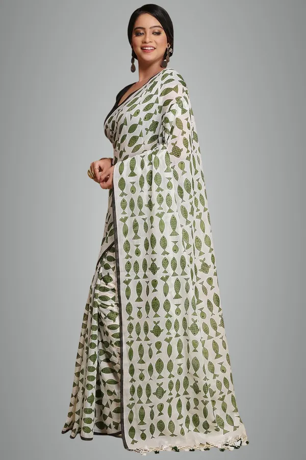 White_&_Green_Pure_Cotton_Printed_Saree_With_Blouse_Piece_For_Women