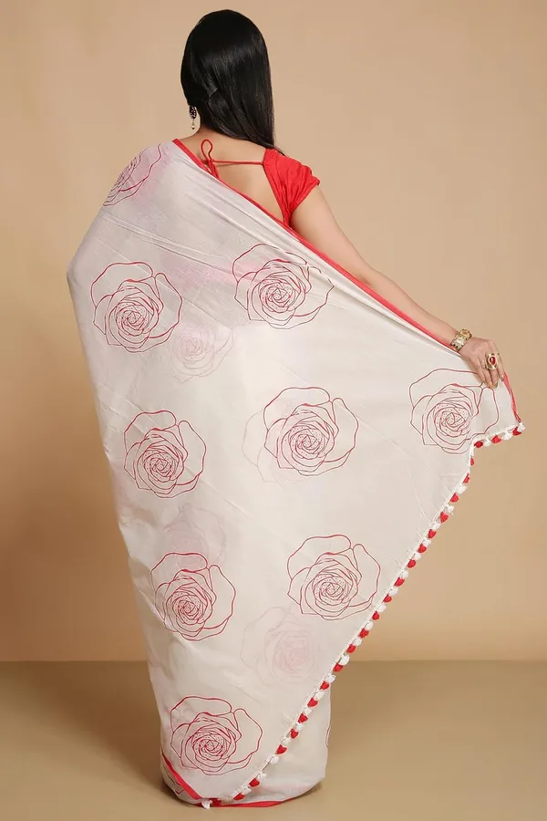 White_&_Red_Pure_Cotton_Traditional_Ethnic_Saree_With_Print_Elegant_61_Meter_Saree_Festive_Casual_Wear_For_Women