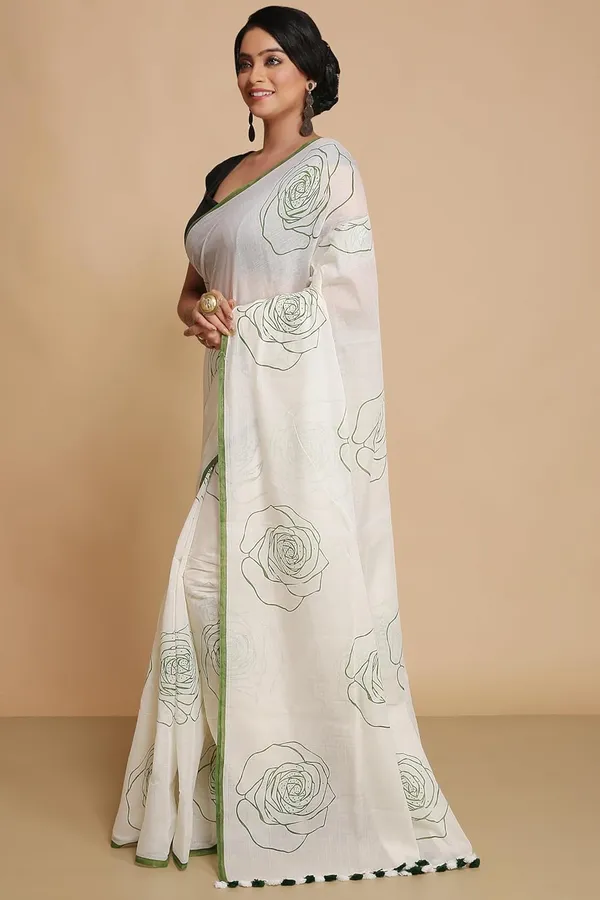 White_&_Green_Pure_Cotton_Traditional_Ethnic_Saree_With_Print_Elegant_61_Meter_Saree_Festive_Casual_Wear_For_Women