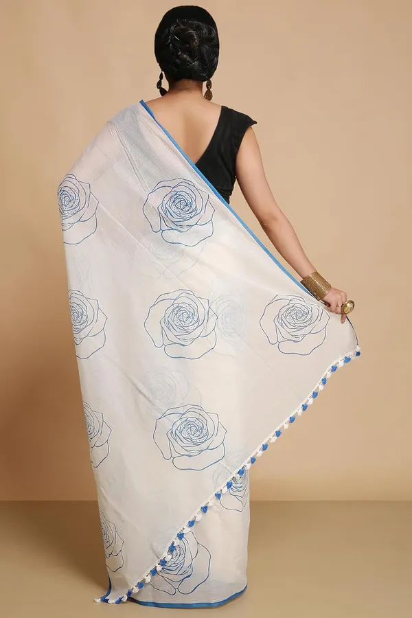 White_&_Blue_Pure_Cotton_Traditional_Ethnic_Saree_With_Print_Elegant_61_Meter_Saree_Festive_Casual_Wear_For_Women