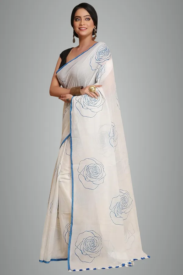 White_&_Blue_Pure_Cotton_Traditional_Ethnic_Saree_With_Print_Elegant_61_Meter_Saree_Festive_Casual_Wear_For_Women