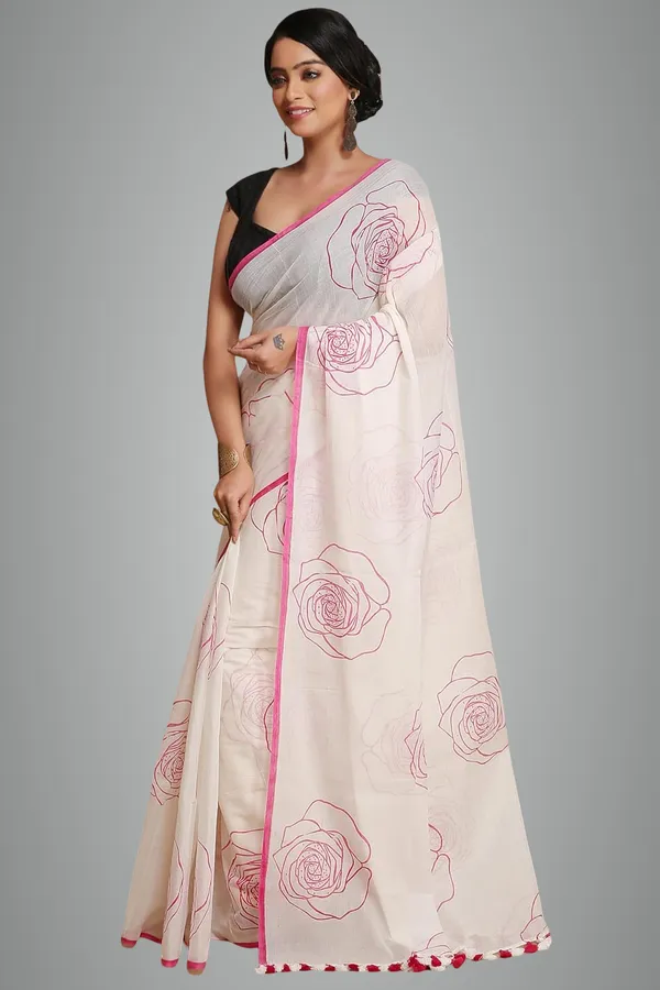 White_&_Pink_Pure_Cotton_Traditional_Ethnic_Saree_With_Print_Elegant_61_Meter_Saree_Festive_Casual_Wear_For_Women
