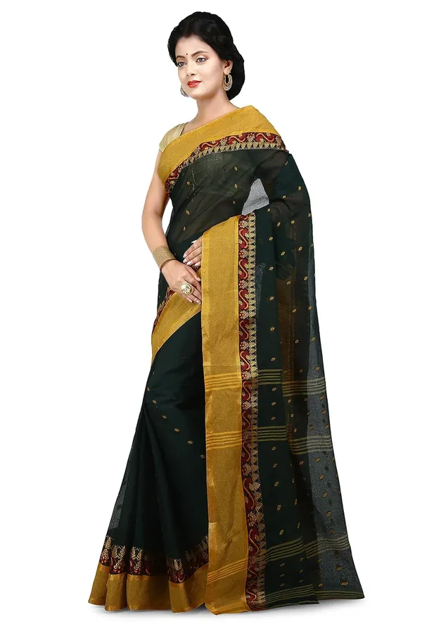 Dark_Mud_Green_Mad_Handloom_Cotton_Saree_With_Buti_Work_Without_Blouse_Piece_For_Women