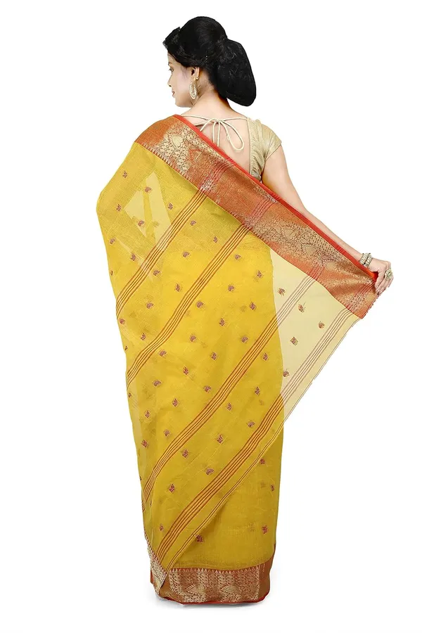 Yellow_Cotton_Saree_Buti_Work_Without_Blouse_Piece_For_Women