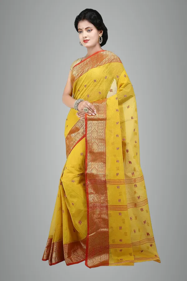 Yellow_Cotton_Saree_Buti_Work_Without_Blouse_Piece_For_Women