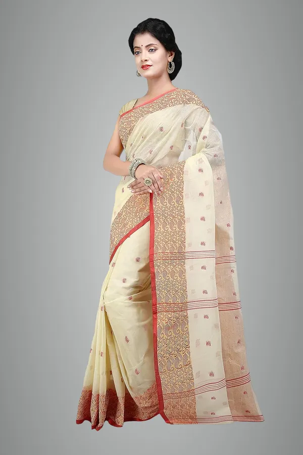 White_&_Red_Cotton_Saree_Buti_Work_Without_Blouse_Piece_For_Women