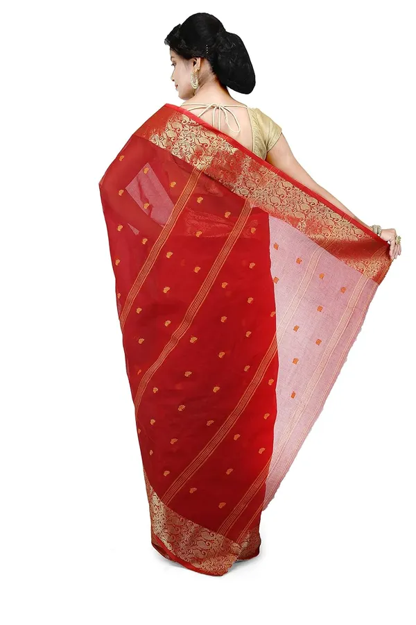 Red_Cotton_Saree_Buti_Work_Without_Blouse_Piece_For_Women