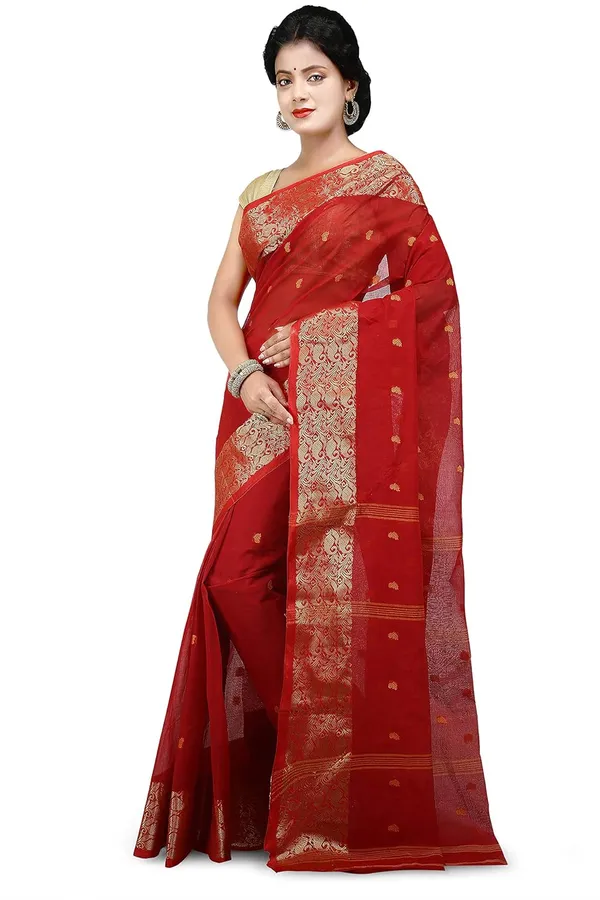 Red_Cotton_Saree_Buti_Work_Without_Blouse_Piece_For_Women