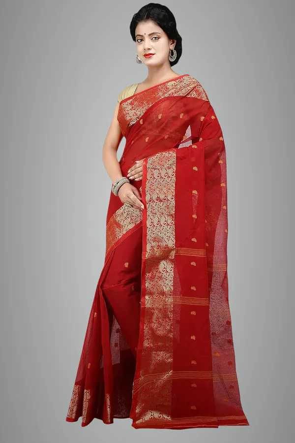 Red_Cotton_Saree_Buti_Work_Without_Blouse_Piece_For_Women