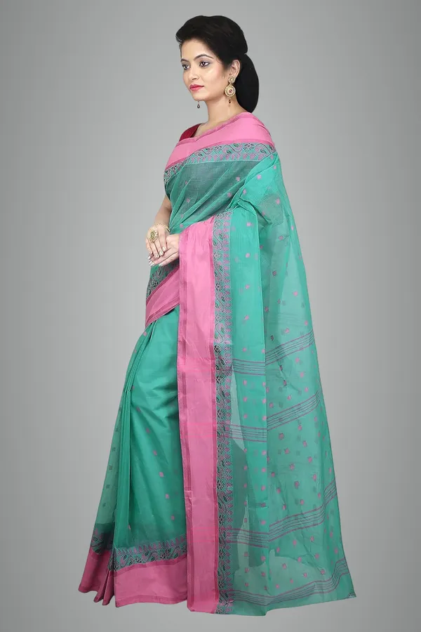 Light_Green_Handloom_Cotton_Saree_With_Buti_Work_Without_Blouse_Piece_For_Women