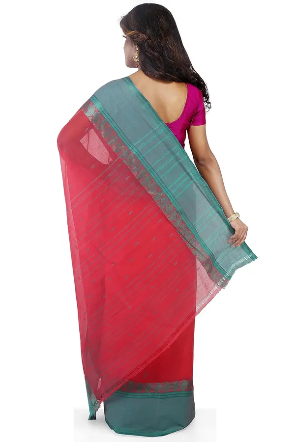 Red_Pure_Cotton_Saree_With_Starch_Buti_Work_Bright_Solid_Border_Without_Blouse_Piece_For_Women