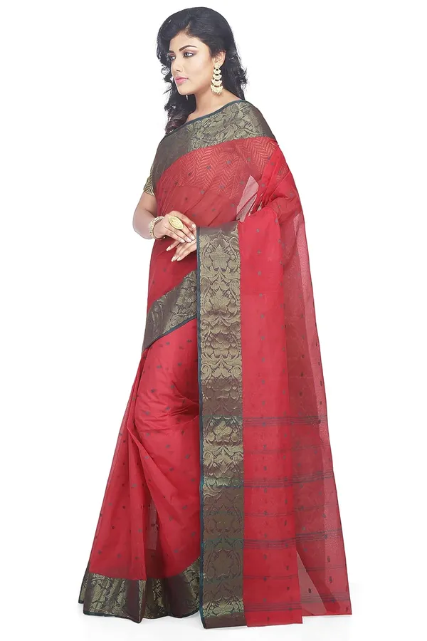 Red_Pure_Cotton_Saree_Cotton_Buti_Work_With_Designer_Zari_Border_Without_Blouse_Piece_For_Women