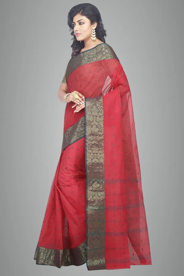 Red_Pure_Cotton_Saree_Cotton_Buti_Work_With_Designer_Zari_Border_Without_Blouse_Piece_For_Women