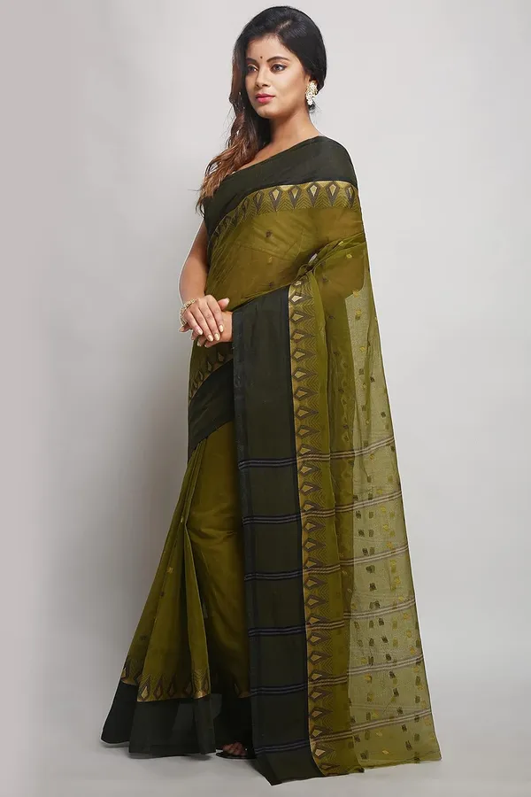 Olive_Green_Pure_Cotton_Saree_Without_Blouse_Piece_For_Women