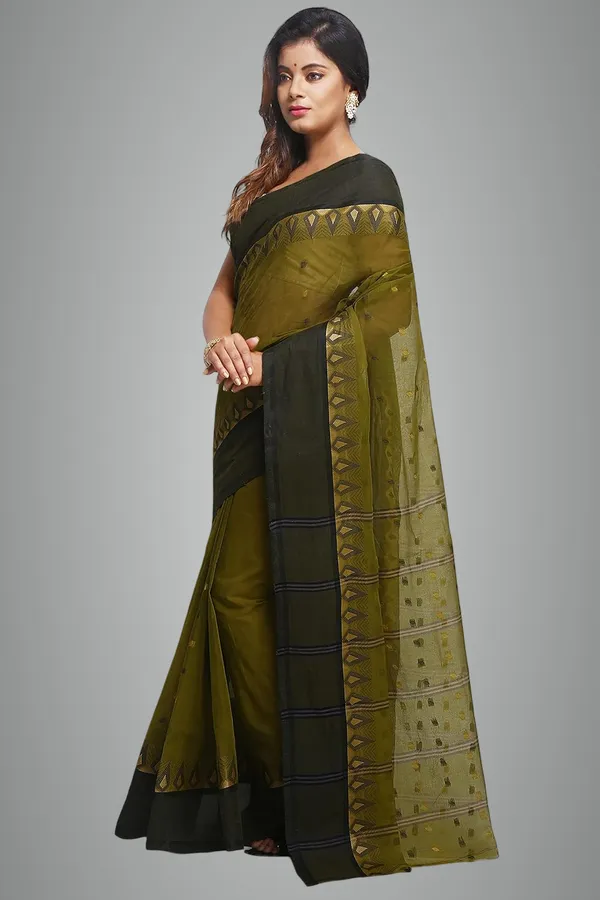 Olive_Green_Pure_Cotton_Saree_Without_Blouse_Piece_For_Women