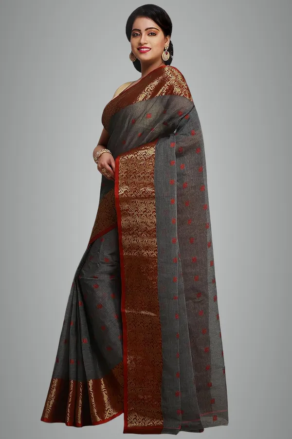 Grey_Pure_Cotton_Bengali_Saree_With_Starch_Without_Blouse_Blouse_For_Women
