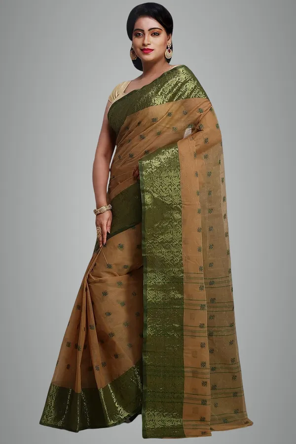 Beige_&_Green_Pure_Cotton_Bengali_Saree_With_Starch_Without_Blouse_Blouse_For_Women