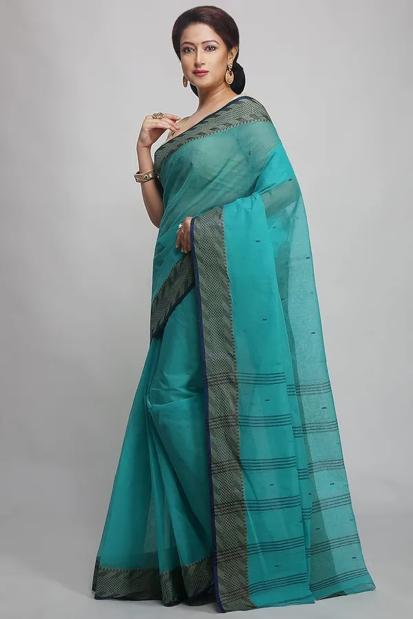 Aqua_Blue_Traditional_Bengali_Cotton_Saree_For_Women