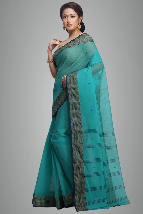 Aqua_Blue_Traditional_Bengali_Cotton_Saree_For_Women