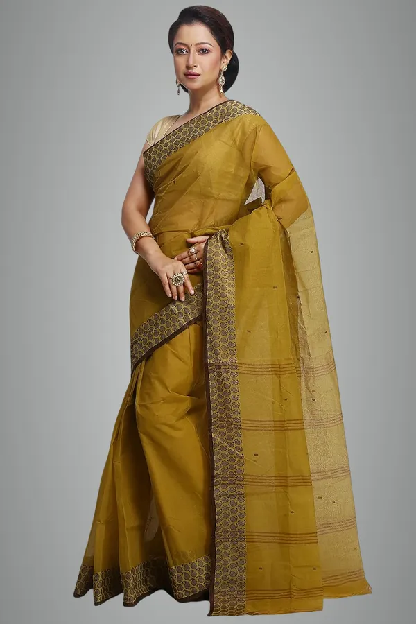 Mustard_Ochre_Cotton_Saree_Without_Blouse_Piece_For_Women