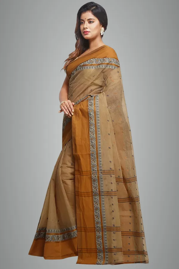 Brown_Cotton_Saree_With_Starch_Bright_Solid_Border_Without_Blouse_Piece_For_Women