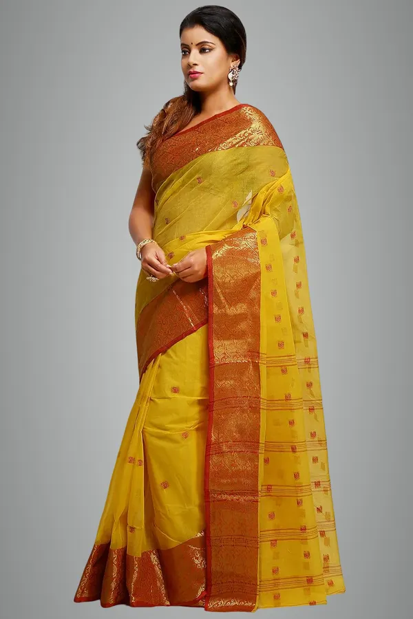 Yellow_Cotton_Saree_With_Designer_Zari_Border_Without_Blouse_Piece_For_Women