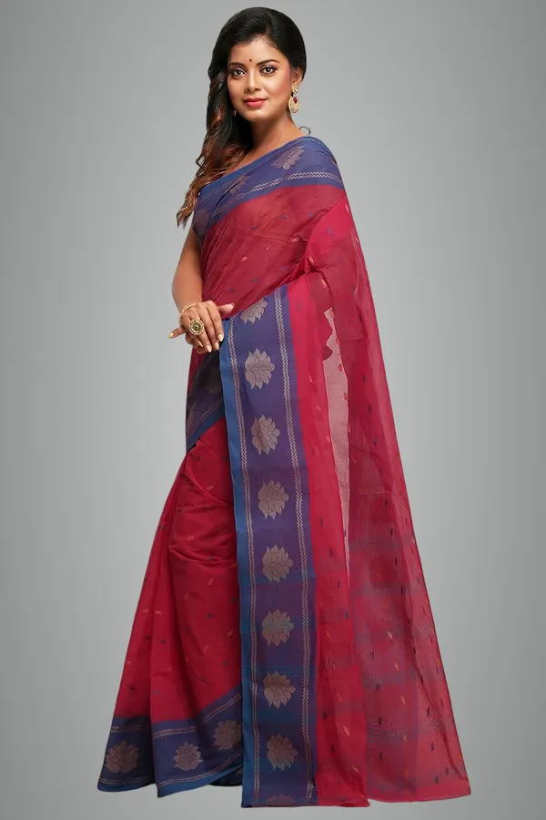 Rose_Red_Woven_Pure_Cotton_Saree_Without_Blouse_Piece_For_Women