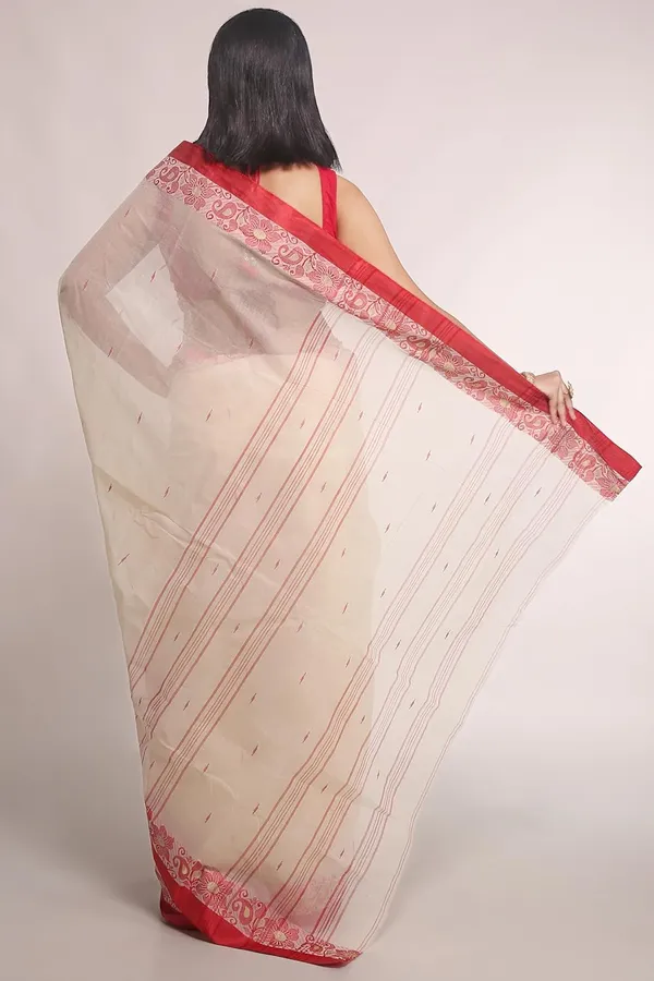 White_&_Red_Pure_Cotton_Saree_With_Designer_Velvet_Border_For_Women