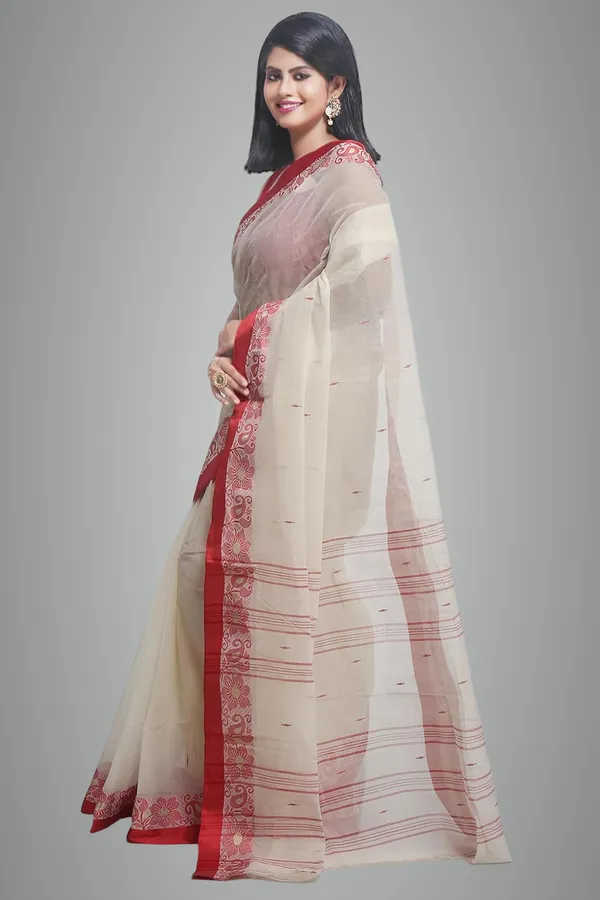 White_&_Red_Pure_Cotton_Saree_With_Designer_Velvet_Border_For_Women