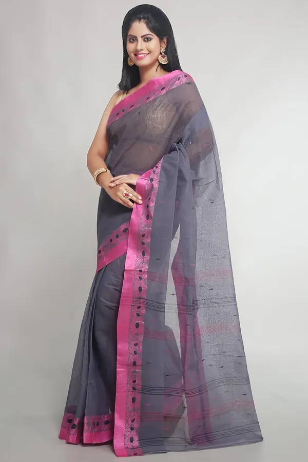 Grey_&_Pink_Pure_Cotton_Saree_With_Designer_Velvet_Border_For_Women