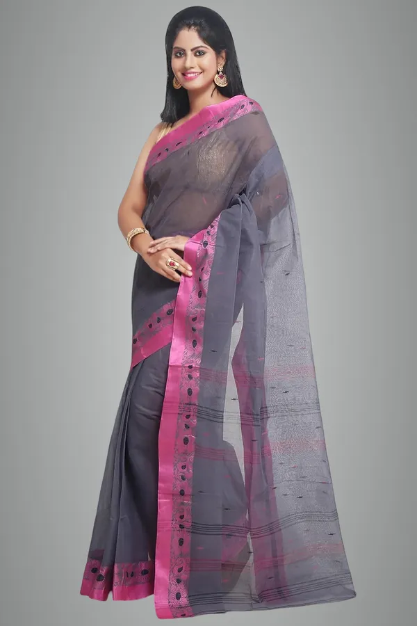 Grey_&_Pink_Pure_Cotton_Saree_With_Designer_Velvet_Border_For_Women