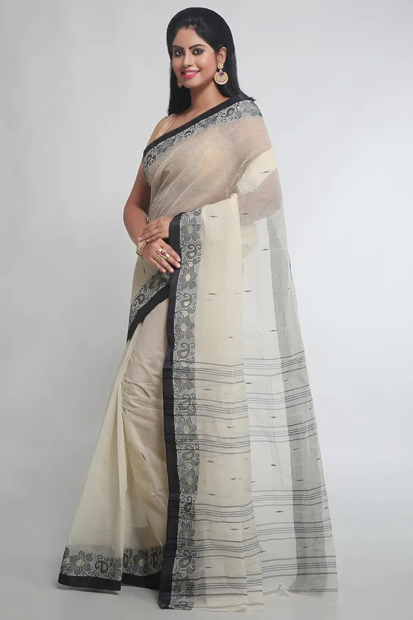 White_&_Navy_Blue_Pure_Cotton_Saree_With_Designer_Velvet_Border_For_Women