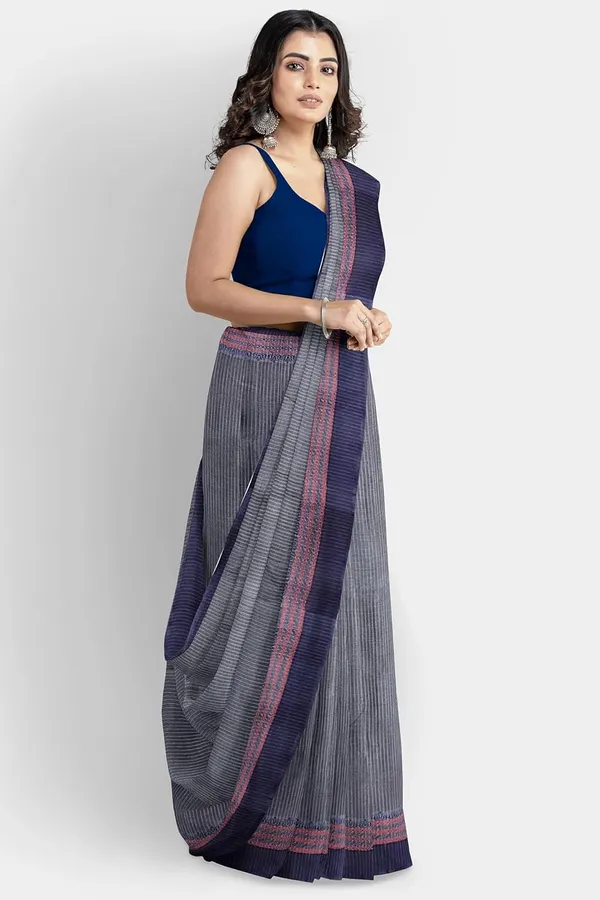 Grey_&_Blue_Pure_Cotton_Saree_With_Checke_Design_For_Women