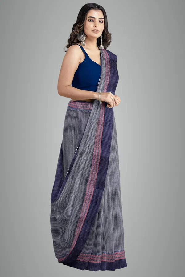 Grey_&_Blue_Pure_Cotton_Saree_With_Checke_Design_For_Women