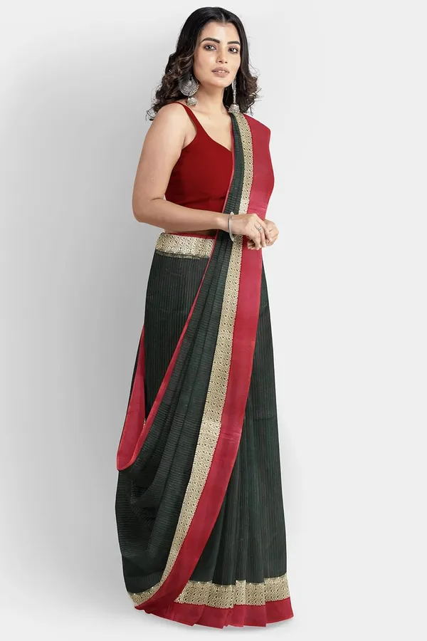 Dark_Green_Pure_Cotton_Saree_With_Checke_Design_For_Women