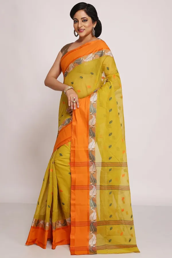 Mustard_Yellow_Pure_Cotton_Bengali_Saree_Without_Blouse_Piece_For_Women