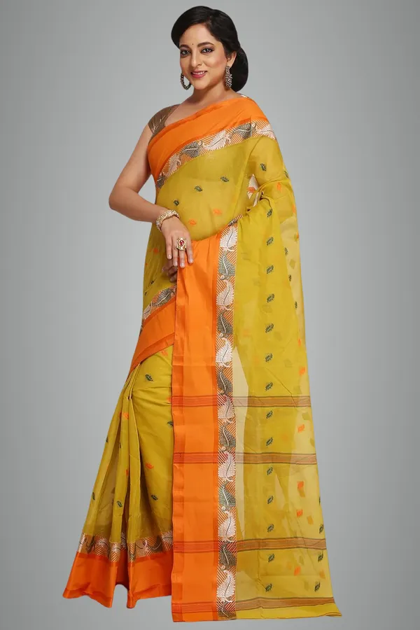 Mustard_Yellow_Pure_Cotton_Bengali_Saree_Without_Blouse_Piece_For_Women