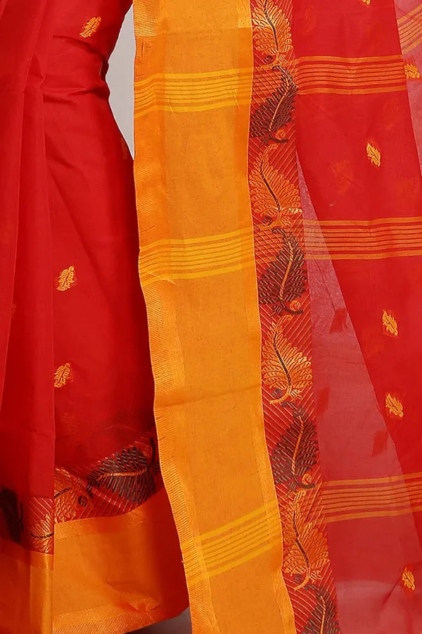 Red_Pure_Cotton_Bengali_Saree_Without_Blouse_Piece_For_Women