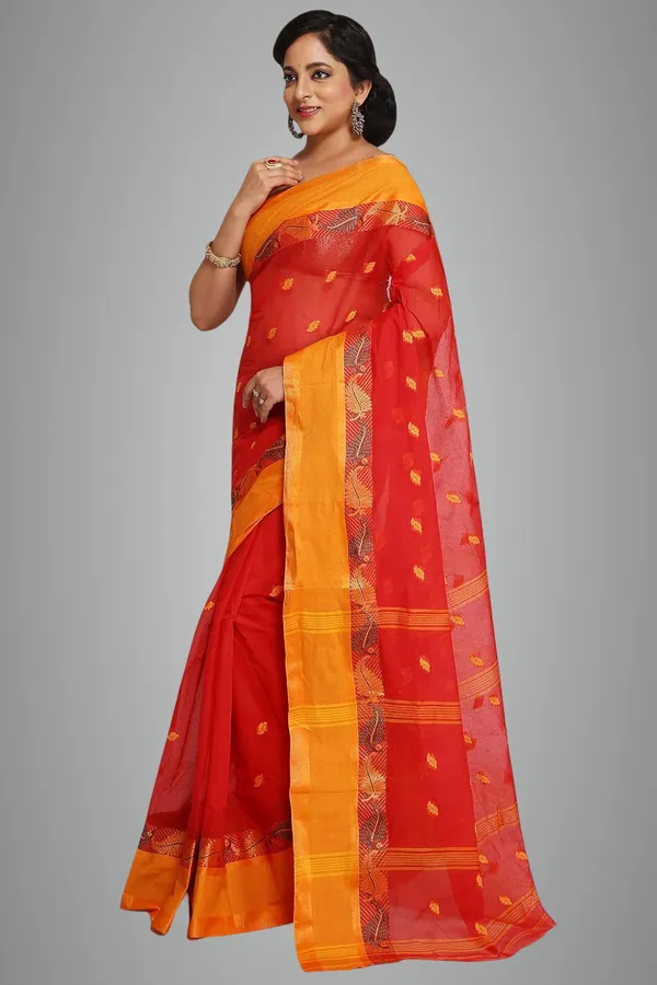Red_Pure_Cotton_Bengali_Saree_Without_Blouse_Piece_For_Women