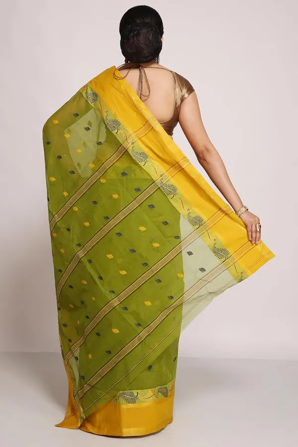 Olive_Green_Pure_Cotton_Bengali_Saree_Without_Blouse_Piece_For_Women